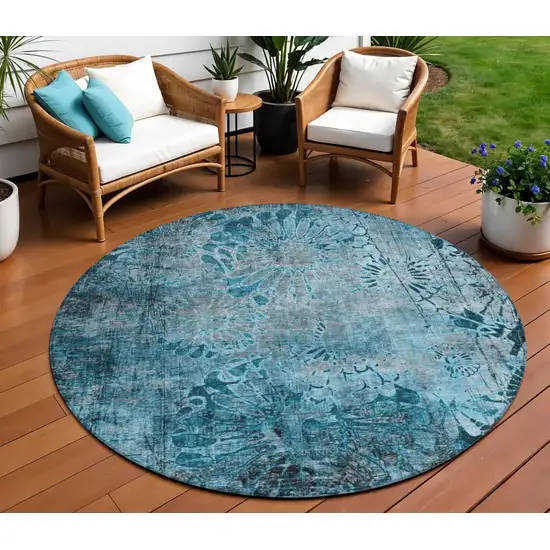 8' Teal Blue And Gray Round Floral Washable Indoor Outdoor Area Rug Photo 1