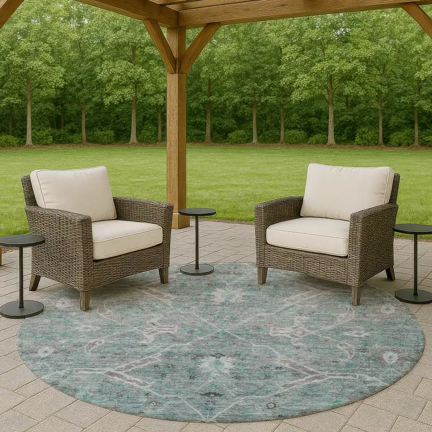 8' Teal Blue And Gray Round Floral Washable Indoor Outdoor Area Rug Photo 8