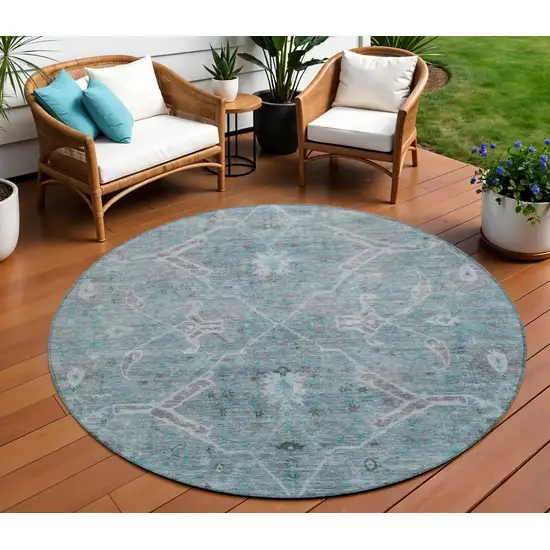 8' Teal Blue And Gray Round Floral Washable Indoor Outdoor Area Rug Photo 1