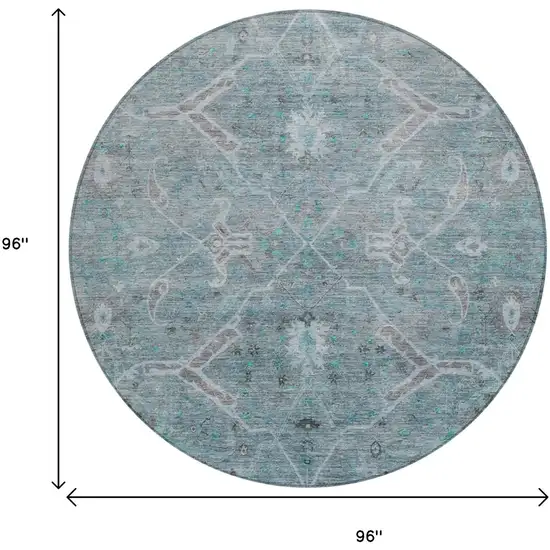 8' Teal Blue And Gray Round Floral Washable Indoor Outdoor Area Rug Photo 3