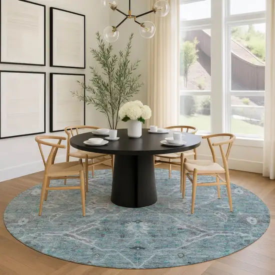 8' Teal Blue And Gray Round Floral Washable Indoor Outdoor Area Rug Photo 9