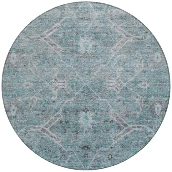 8' Teal Blue And Gray Round Floral Washable Indoor Outdoor Area Rug Photo 4