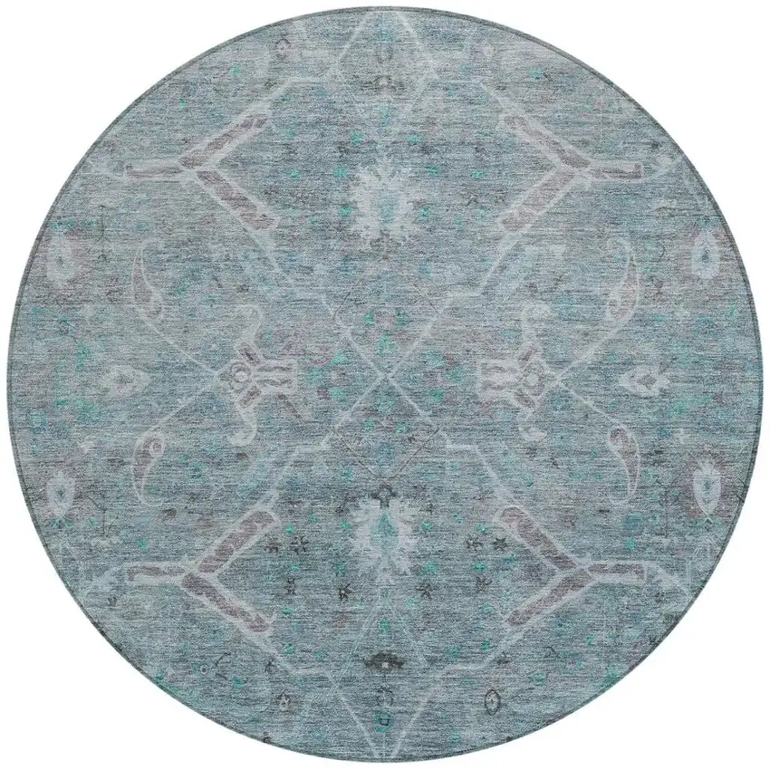 8' Teal Blue And Gray Round Floral Washable Indoor Outdoor Area Rug Photo 4