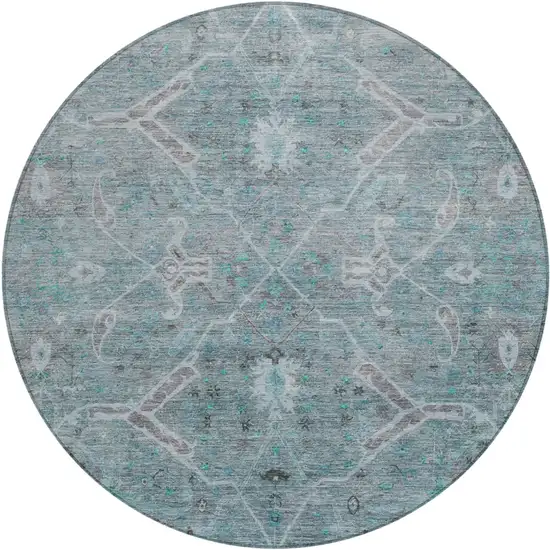 8' Teal Blue And Gray Round Floral Washable Indoor Outdoor Area Rug Photo 2