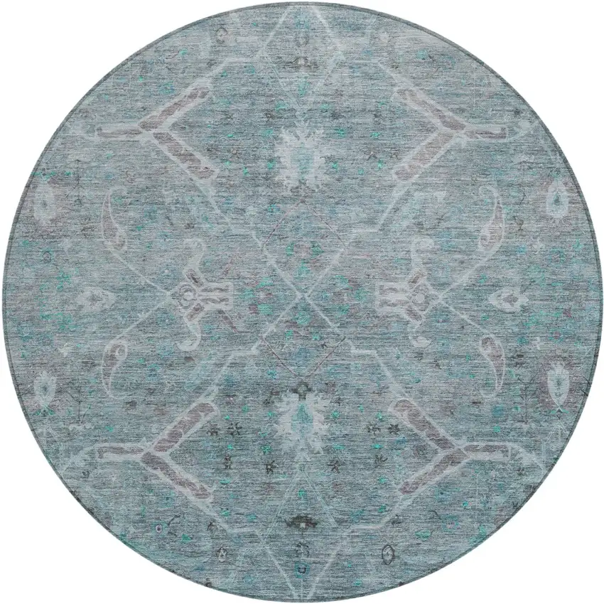 8' Teal Blue And Gray Round Floral Washable Indoor Outdoor Area Rug Photo 2