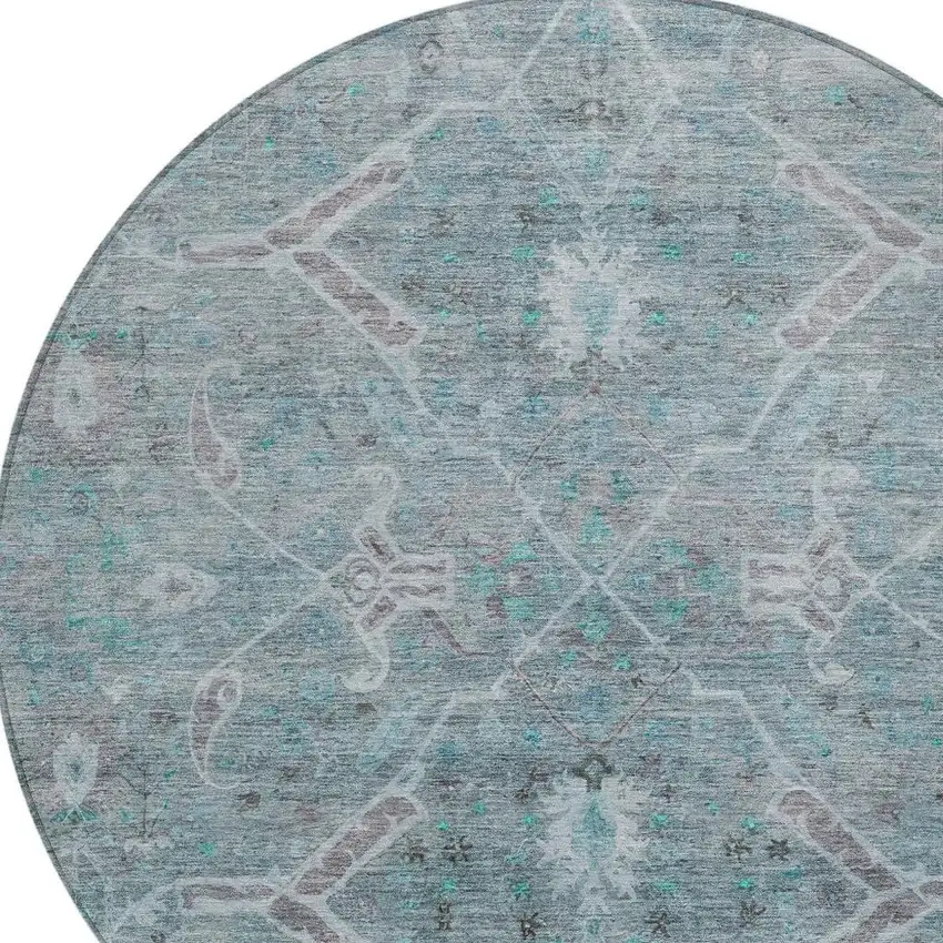 8' Teal Blue And Gray Round Floral Washable Indoor Outdoor Area Rug Photo 7