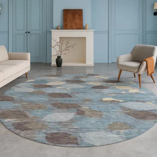 8' Teal Blue And Gray Round Floral Washable Indoor Outdoor Area Rug Photo 5