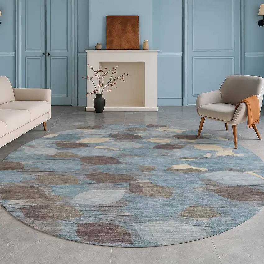 8' Teal Blue And Gray Round Floral Washable Indoor Outdoor Area Rug Photo 5