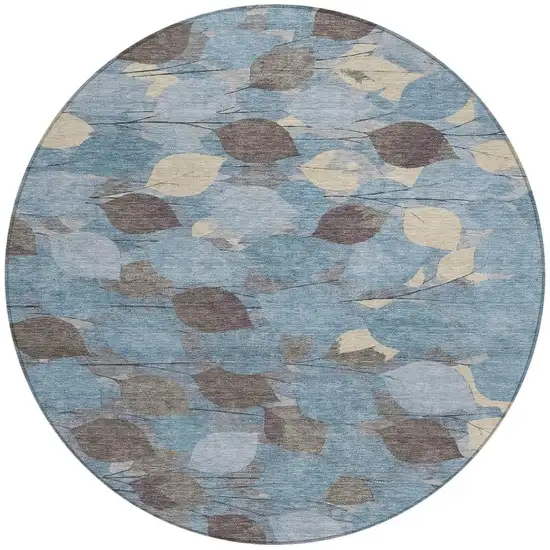 8' Teal Blue And Gray Round Floral Washable Indoor Outdoor Area Rug Photo 3