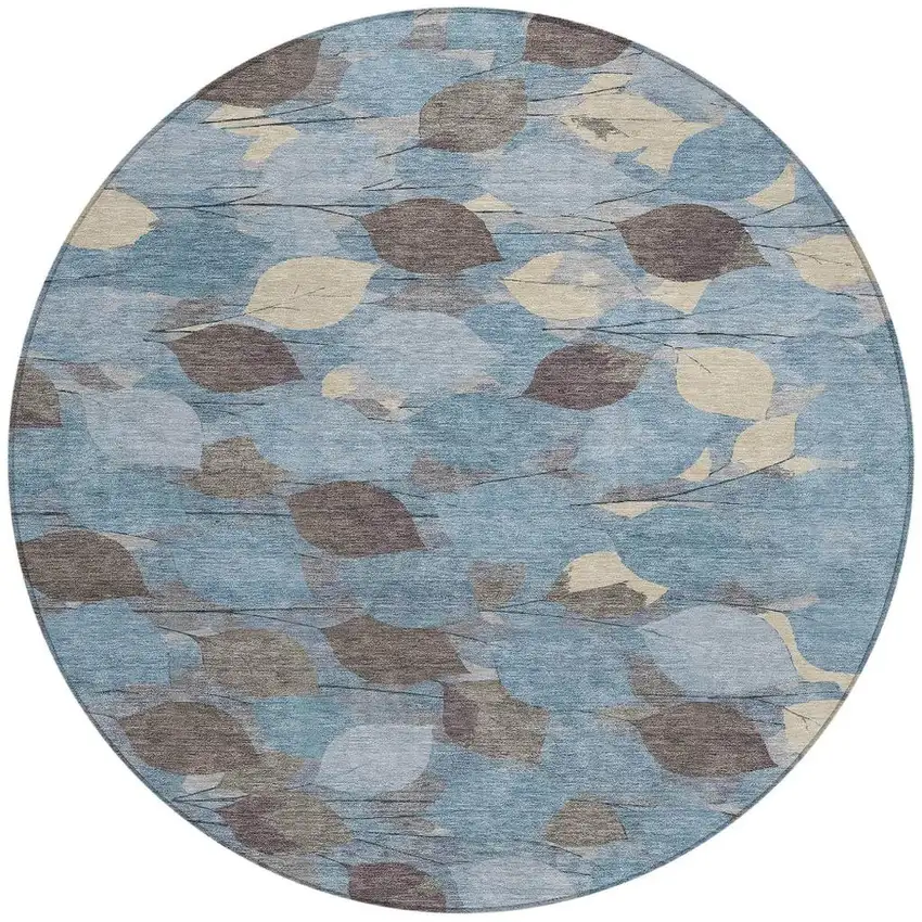 8' Teal Blue And Gray Round Floral Washable Indoor Outdoor Area Rug Photo 3