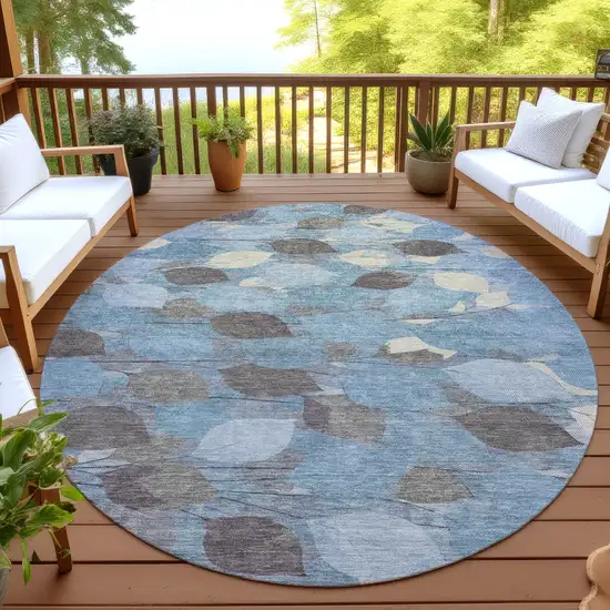 8' Teal Blue And Gray Round Floral Washable Indoor Outdoor Area Rug Photo 4