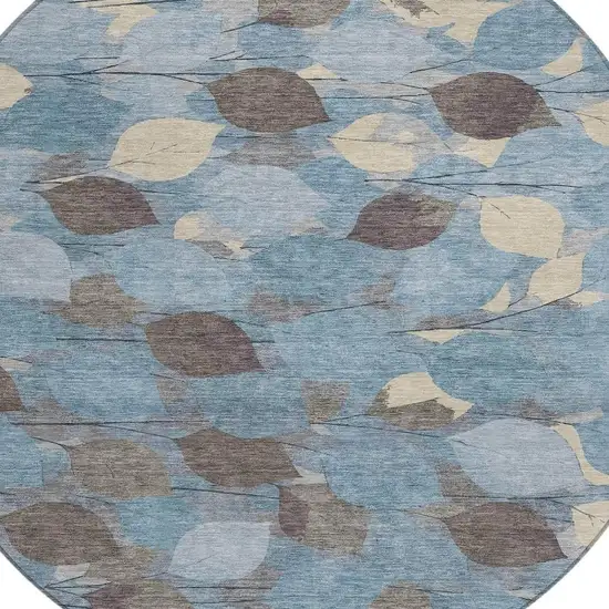 8' Teal Blue And Gray Round Floral Washable Indoor Outdoor Area Rug Photo 2