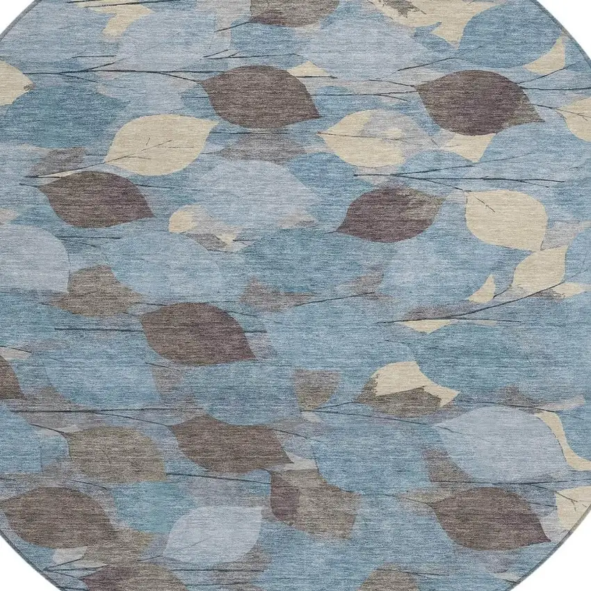 8' Teal Blue And Gray Round Floral Washable Indoor Outdoor Area Rug Photo 2