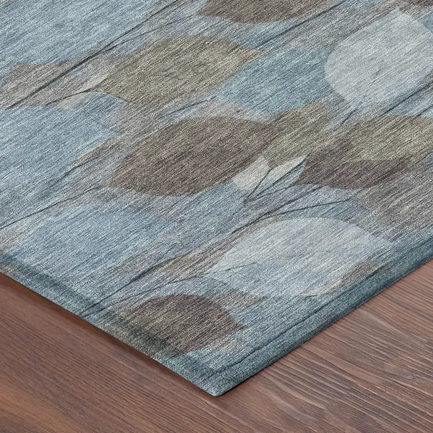 8' Teal Blue And Gray Round Floral Washable Indoor Outdoor Area Rug Photo 6