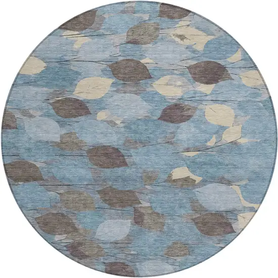 8' Teal Blue And Gray Round Floral Washable Indoor Outdoor Area Rug Photo 1