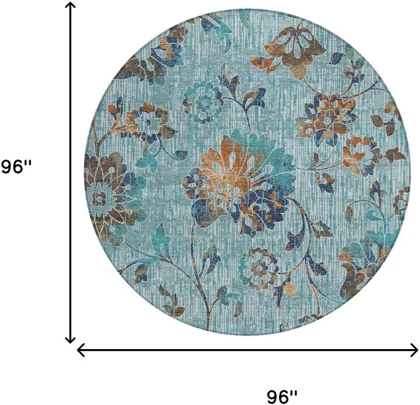 8' Teal Blue And Gray Round Floral Washable Indoor Outdoor Area Rug Photo 6
