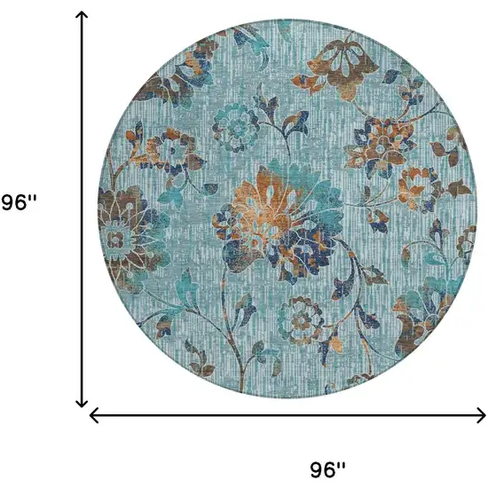 8' Teal Blue And Gray Round Floral Washable Indoor Outdoor Area Rug Photo 6