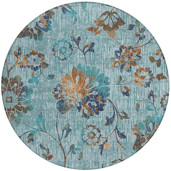 8' Teal Blue And Gray Round Floral Washable Indoor Outdoor Area Rug Photo 1