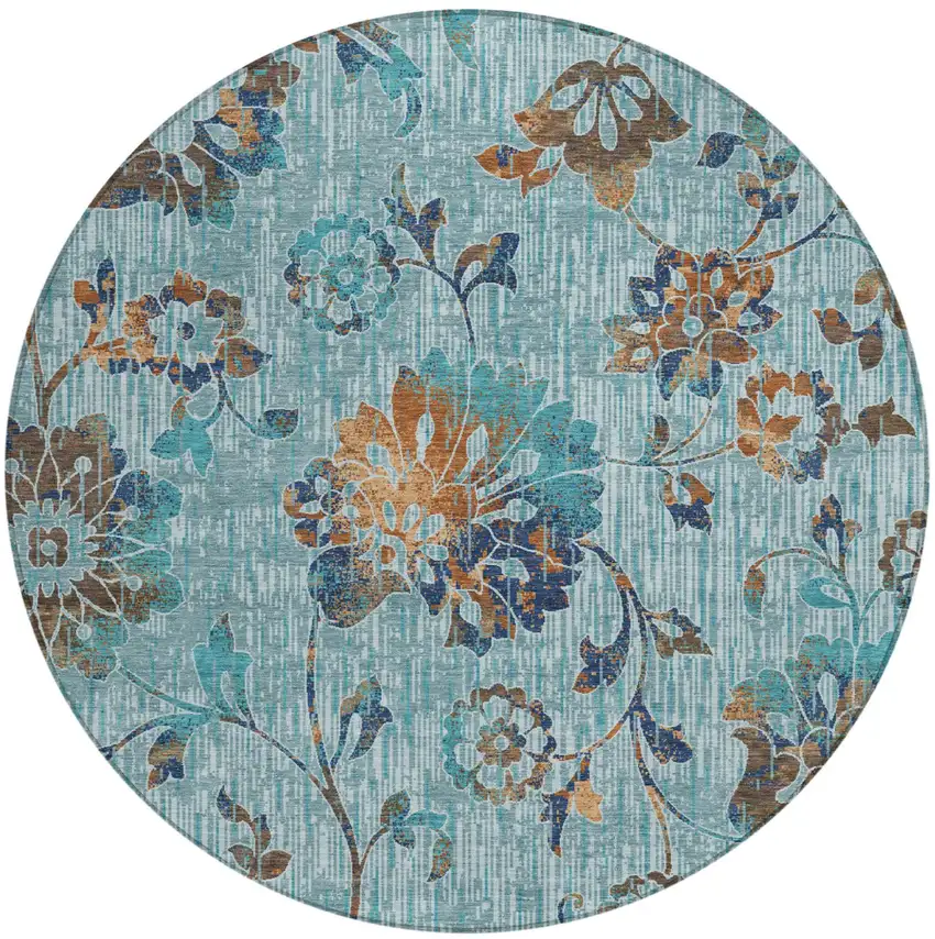 8' Teal Blue And Gray Round Floral Washable Indoor Outdoor Area Rug Photo 1