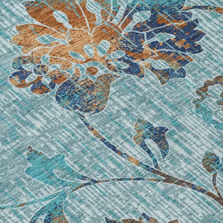 8' Teal Blue And Gray Round Floral Washable Indoor Outdoor Area Rug Photo 5