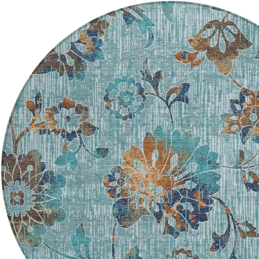 8' Teal Blue And Gray Round Floral Washable Indoor Outdoor Area Rug Photo 2
