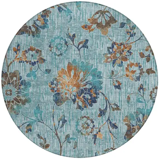 8' Teal Blue And Gray Round Floral Washable Indoor Outdoor Area Rug Photo 3