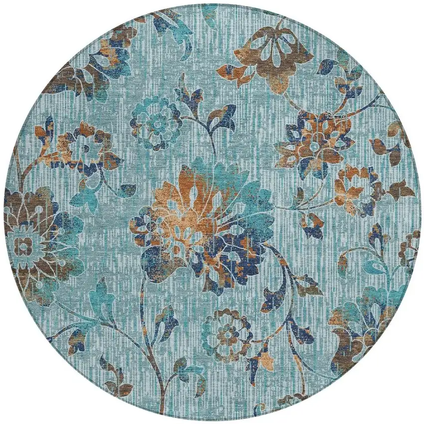 8' Teal Blue And Gray Round Floral Washable Indoor Outdoor Area Rug Photo 3
