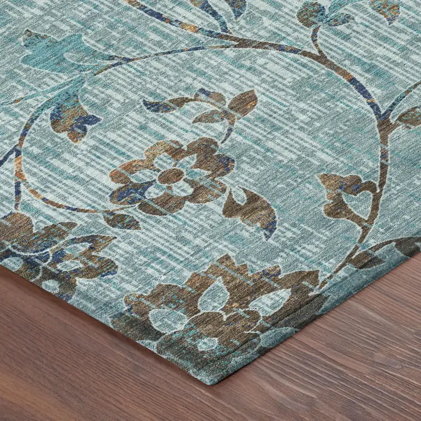 8' Teal Blue And Gray Round Floral Washable Indoor Outdoor Area Rug Photo 4