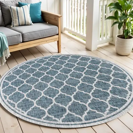 6' Teal Blue And Gray Round Geometric Indoor Outdoor Area Rug Photo 1