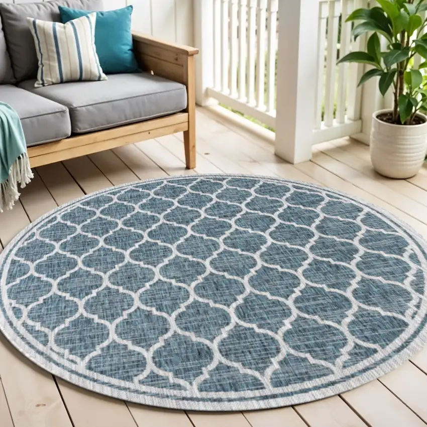 6' Teal Blue And Gray Round Geometric Indoor Outdoor Area Rug Photo 1