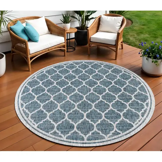 8' Teal Blue And Gray Round Geometric Indoor Outdoor Area Rug Photo 1