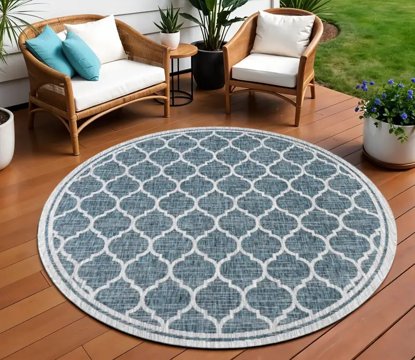 8' Teal Blue And Gray Round Geometric Indoor Outdoor Area Rug Photo 1
