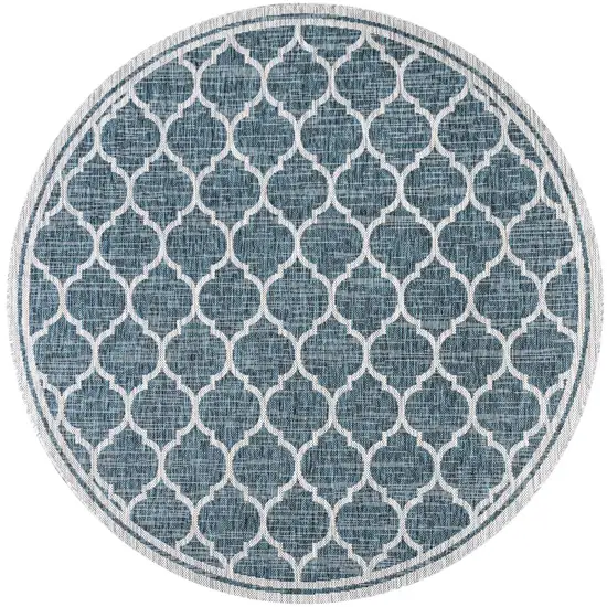 8' Teal Blue And Gray Round Geometric Indoor Outdoor Area Rug Photo 1