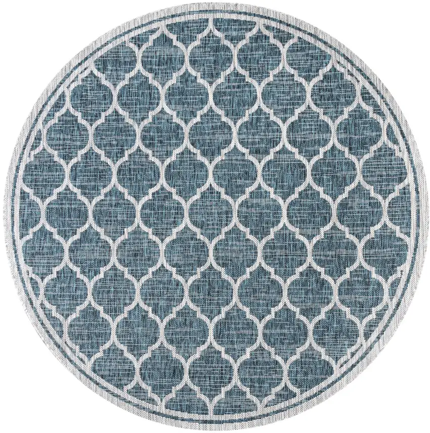 8' Teal Blue And Gray Round Geometric Indoor Outdoor Area Rug Photo 1