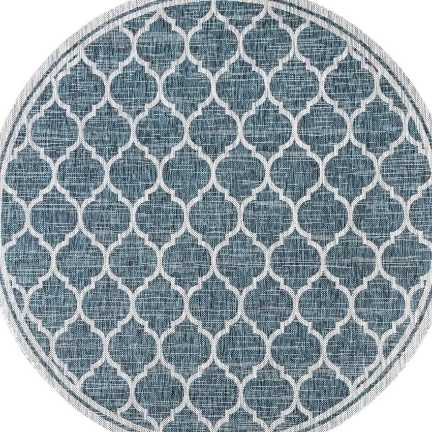 8' Teal Blue And Gray Round Geometric Indoor Outdoor Area Rug Photo 3