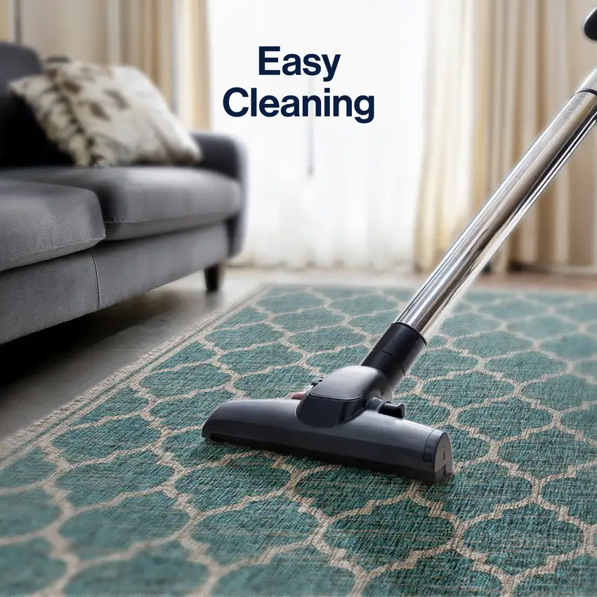 8' Teal Blue And Gray Round Geometric Indoor Outdoor Area Rug Photo 5