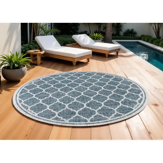 9' Teal Blue And Gray Round Geometric Indoor Outdoor Area Rug Photo 1
