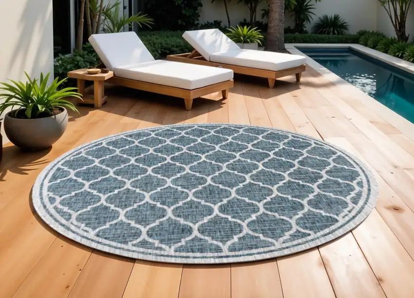 9' Teal Blue And Gray Round Geometric Indoor Outdoor Area Rug Photo 1