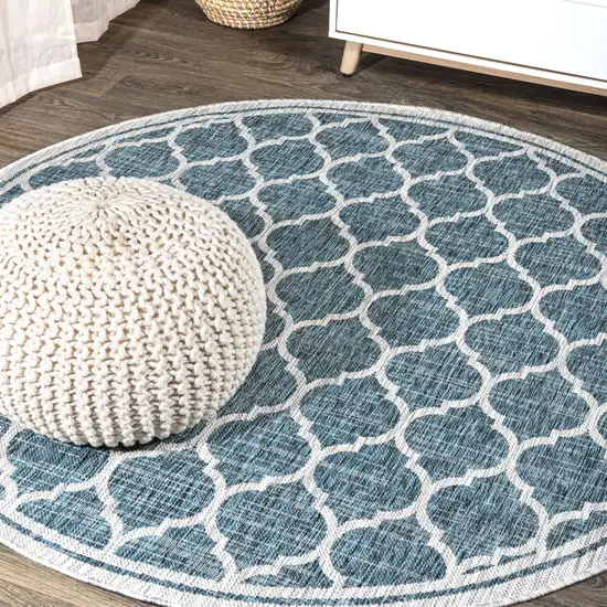9' Teal Blue And Gray Round Geometric Indoor Outdoor Area Rug Photo 4