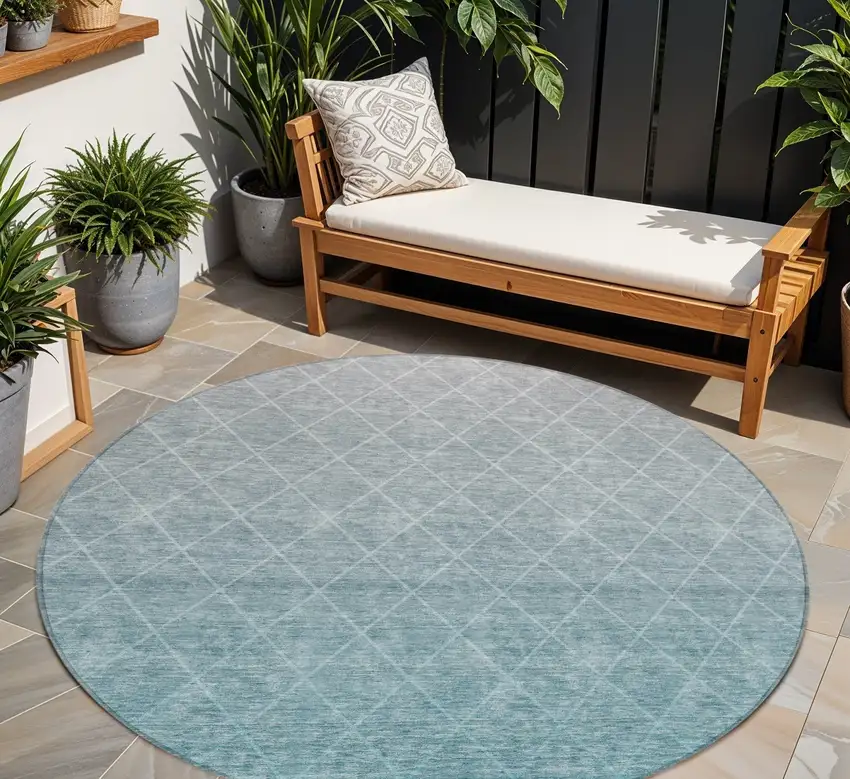 8' Teal Blue And Gray Round Geometric Washable Indoor Outdoor Area Rug Photo 1