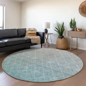 Photo of 8' Teal Blue And Gray Round Geometric Washable Indoor Outdoor Area Rug