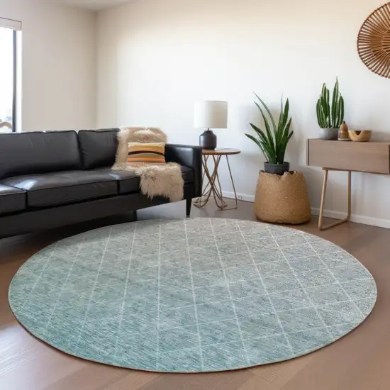 8' Teal Blue And Gray Round Geometric Washable Indoor Outdoor Area Rug Photo 7