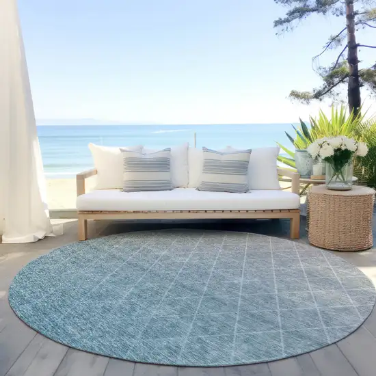 8' Teal Blue And Gray Round Geometric Washable Indoor Outdoor Area Rug Photo 6