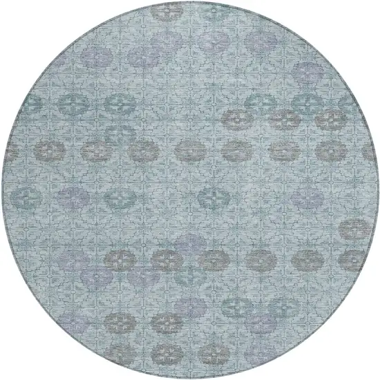 8' Teal Blue And Gray Round Geometric Washable Indoor Outdoor Area Rug Photo 1