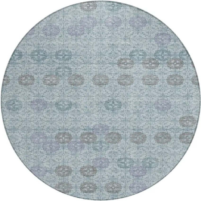 8' Teal Blue And Gray Round Geometric Washable Indoor Outdoor Area Rug Photo 1