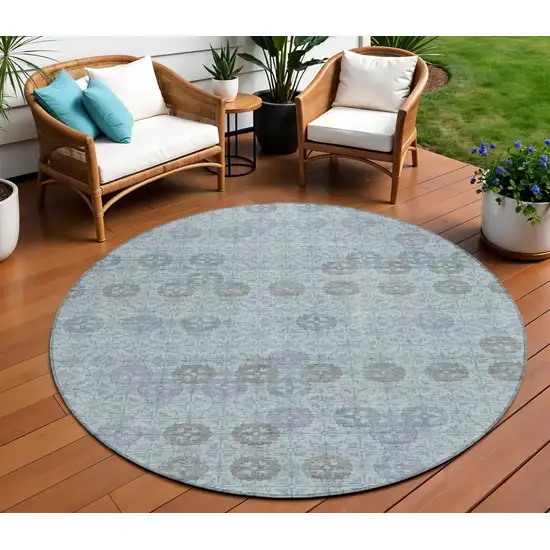 8' Teal Blue And Gray Round Geometric Washable Indoor Outdoor Area Rug Photo 2
