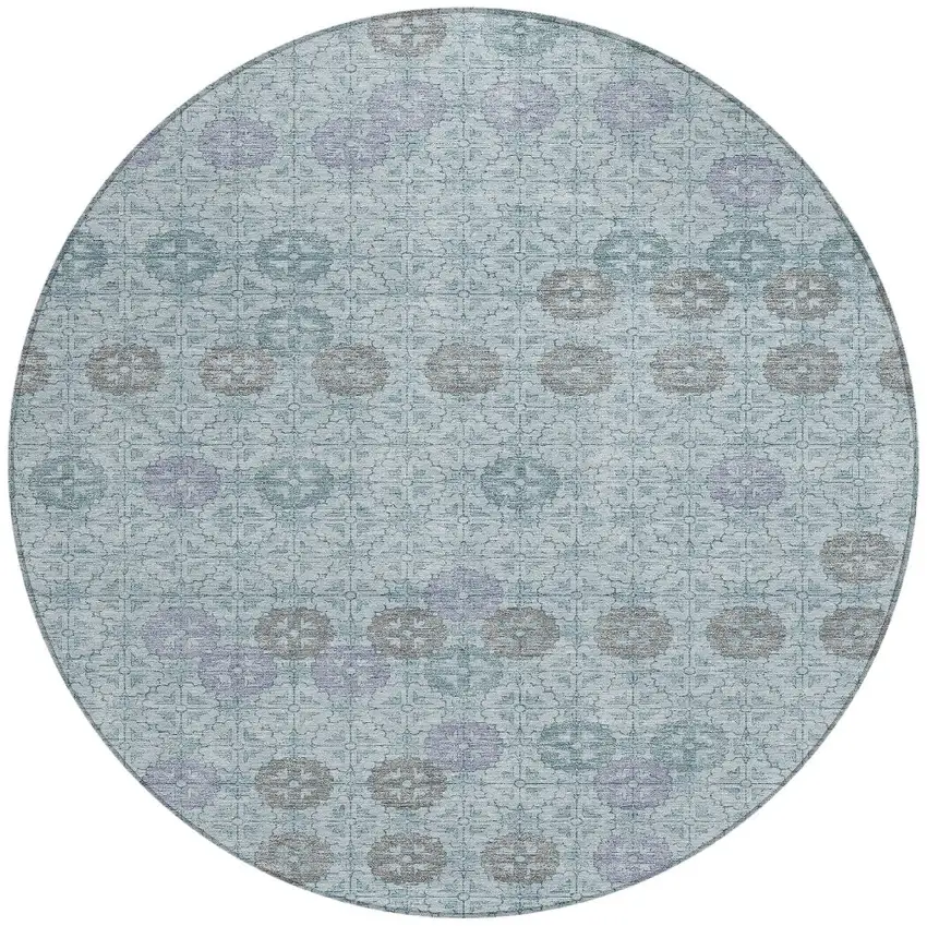 8' Teal Blue And Gray Round Geometric Washable Indoor Outdoor Area Rug Photo 3