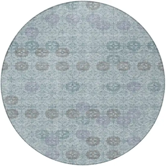 8' Teal Blue And Gray Round Geometric Washable Indoor Outdoor Area Rug Photo 4