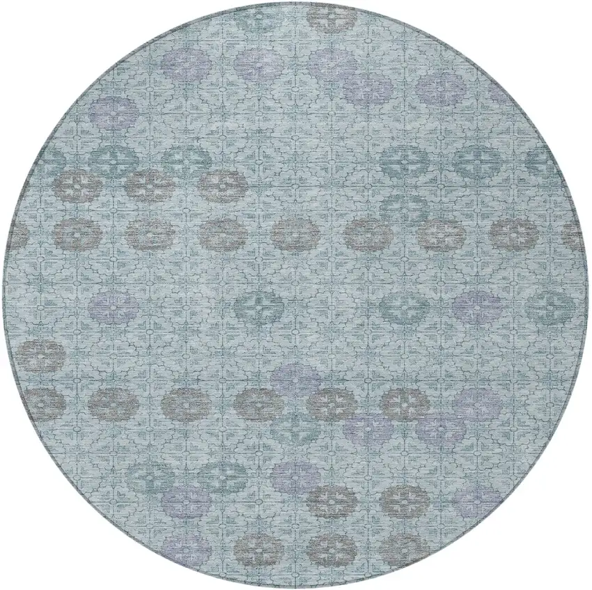 8' Teal Blue And Gray Round Geometric Washable Indoor Outdoor Area Rug Photo 4