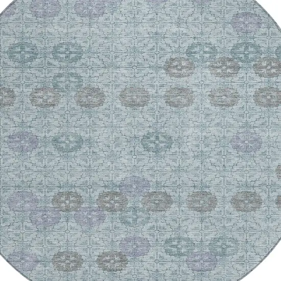 8' Teal Blue And Gray Round Geometric Washable Indoor Outdoor Area Rug Photo 8